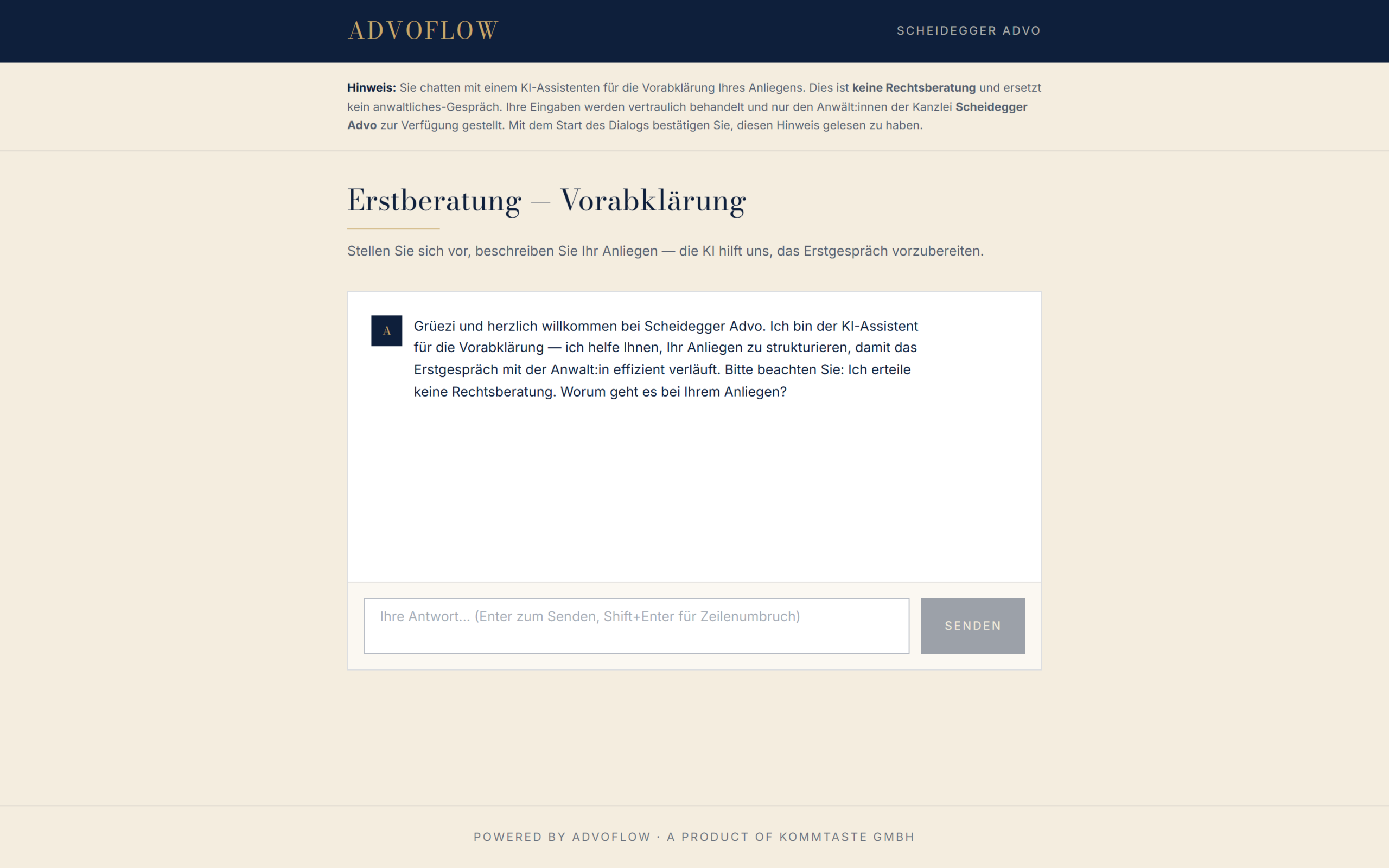 AdvoFlow — Mandant startet den KI-Chat