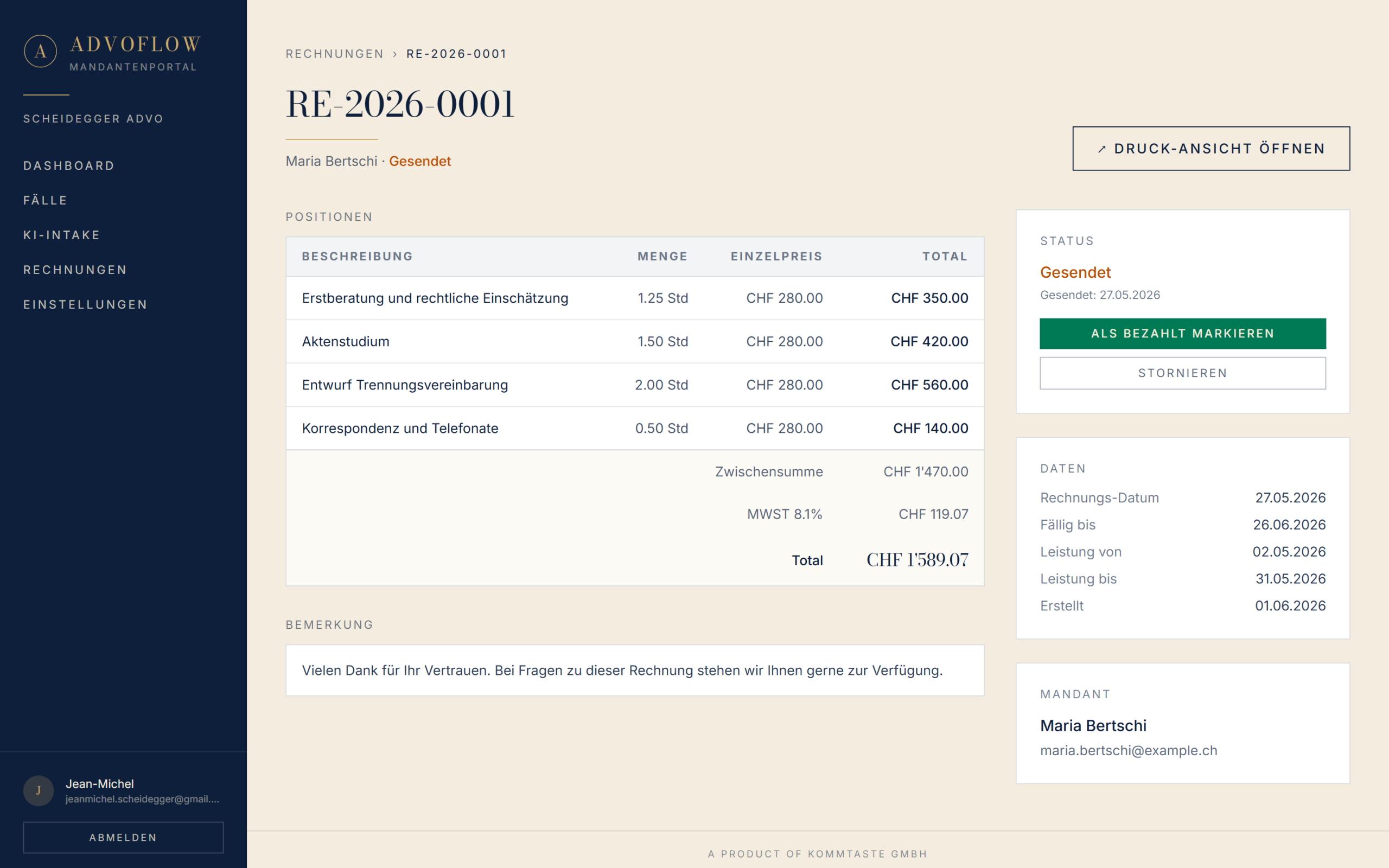 AdvoFlow — Rechnung per Klick