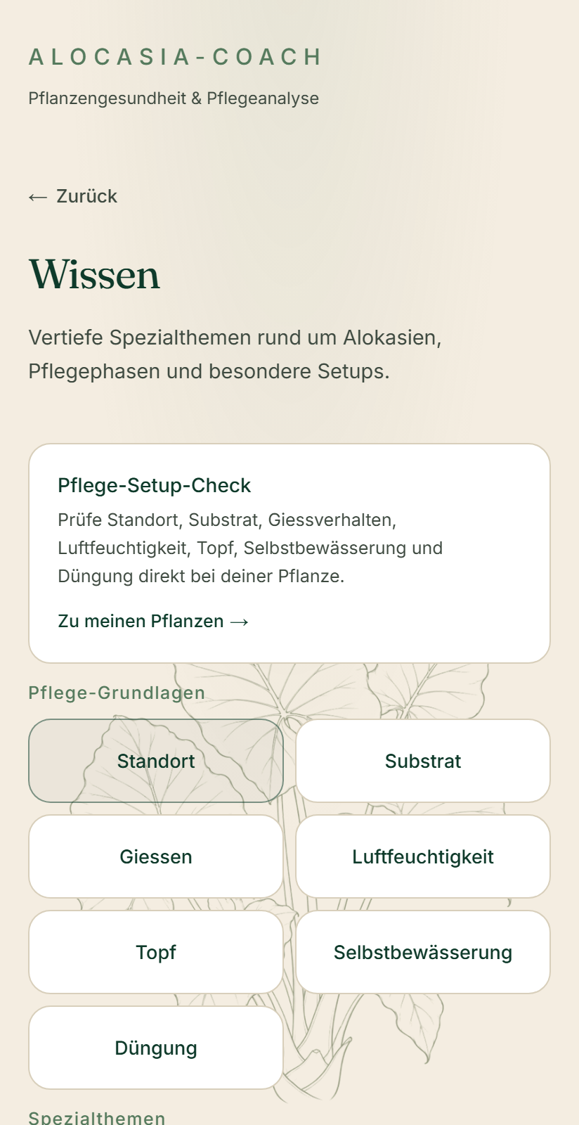 Alocasia Coach — Kuratiertes Wissen (iPhone)